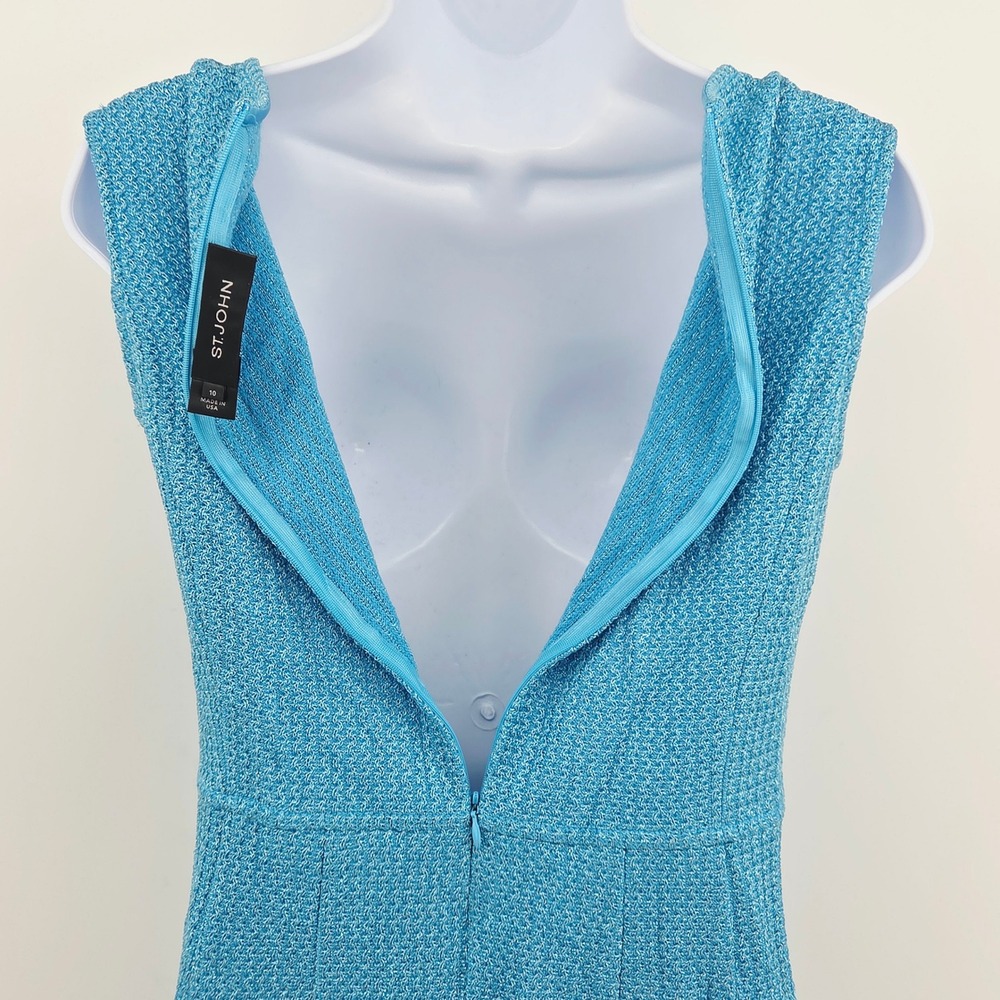 St. John Turquoise Blue Santana Knit Metalic Glimmer Sleeveless Sheath Dress 10 - Picture 11 of 14